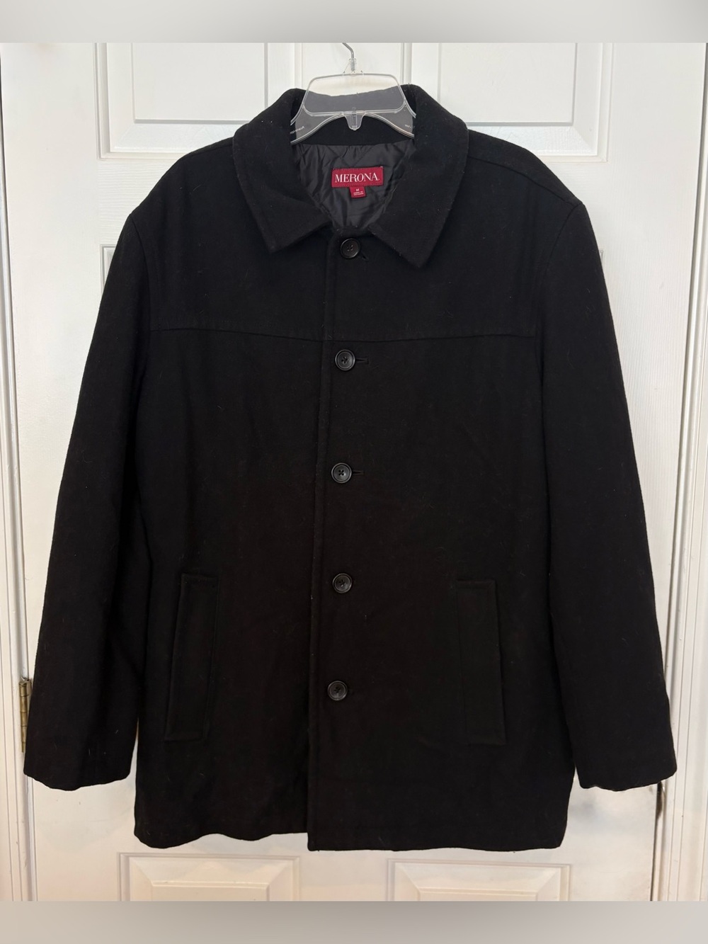 Merona Men's Black Pea Coat Button Accents Mid-Length Solid Casual Size M